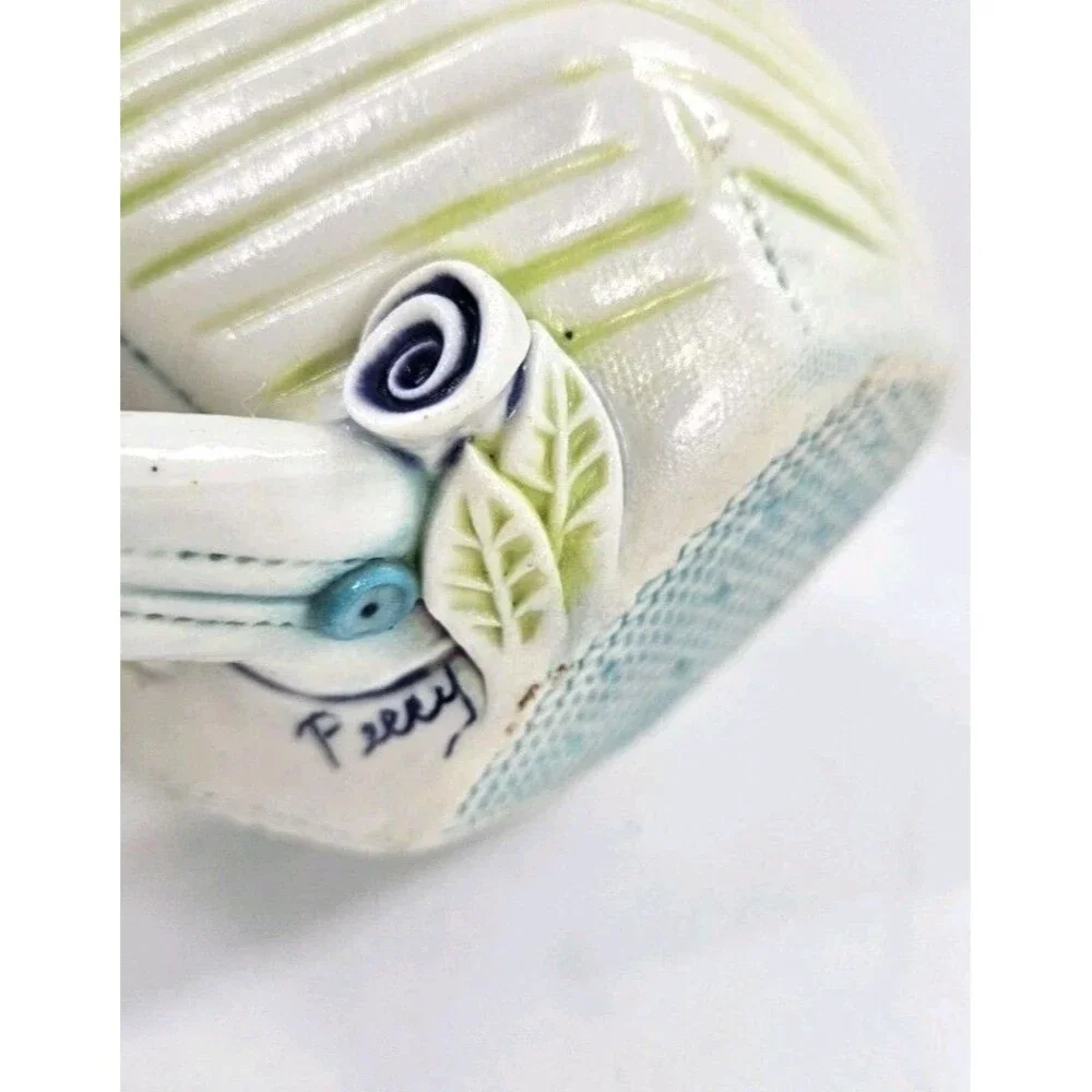 Studio Art Pottery Slab Built Coffee Tea Mug Abstract Floral Blue Green White Lg